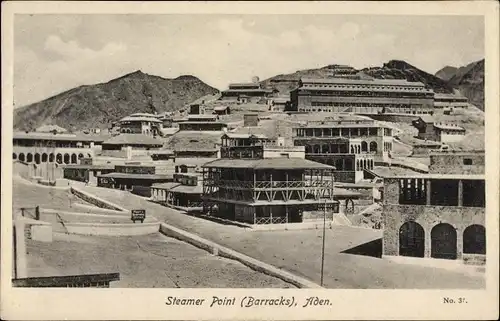 Ak Aden Jemen, Steamer Point, Barracks, Baracken, Gebäude am Hang