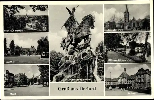 Ak Herford in Nordrhein Westfalen, Bahnhof, Straßenseite, Markt, Münsterkirche, Otto Weddingen Ufer
