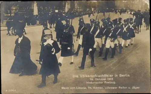 Ak Berlin Mitte, Völkerschlachtfeier 1913, Historischer Festzug, v. Lützow, Körner, Lützower Reiter