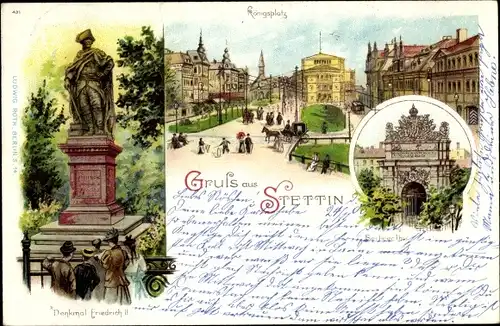 Litho Szczecin Stettin Pommern, Königsplatz, Denkmal Friedrich II., Berliner Tor