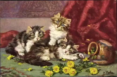 Künstler Ak Merlin, D., Drei junge Katzen, Kätzchen mit umgeworfener Blumenvase