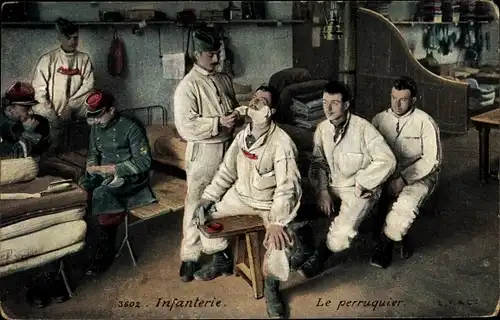 Ak Französisches Militär, Infanterie, Le Perruquier, Soldaten beim Barbier, Schlafstube