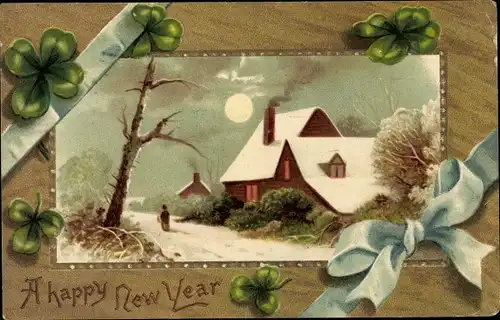 Präge Litho Glückwunsch Neujahr, Happy New Year, Kleeblätter, verschneites Haus