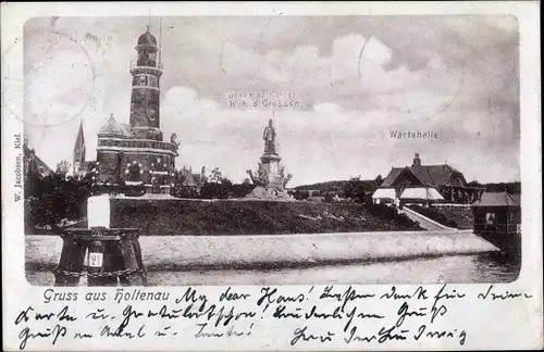 Ak Kiel Holtenau in Schleswig Holstein, Kaiser Wilhelm Denkmal, Uferpartie, Leuchtturm, Wartehalle