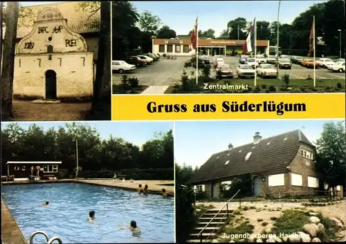 Ak Süderlügum in Schleswig Holstein, Jugendherberge Haidburg, Zentralmarkt, Schwimmbad