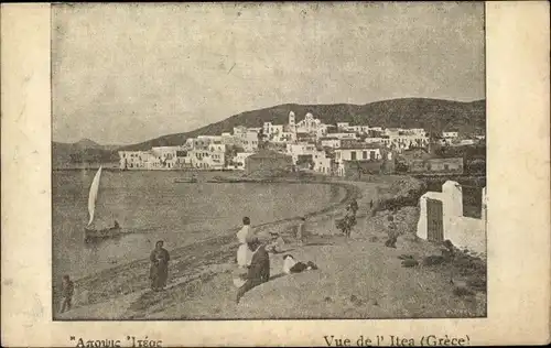 Ak Itea Griechenland, Küstenpartie, Blick auf die Stadt, Anwohner am Strand
