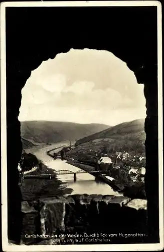 Ak Bad Karlshafen an der Oberweser Hessen, Panoramaansicht, Durchblick vom Hugenottenturm