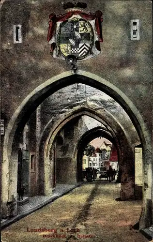 Ak Landsberg Sachsen Anhalt, Durchblick zum Bayertor, Wappen 