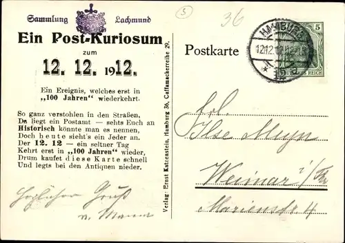 Briefmarken Ak Hamburg, Postamt 12, 12.12.12., Post Kuriosum