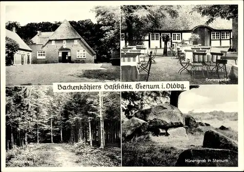 Ak Stenum Ganderkesee in Niedersachsen, Backenköhlers Gaststätte, Waldweg, Hünengrab, Garten