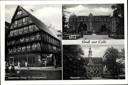 Ak Celle in Niedersachsen, Hoppener Haus aus d. 15. Jahrhundert, Schloss, Museum