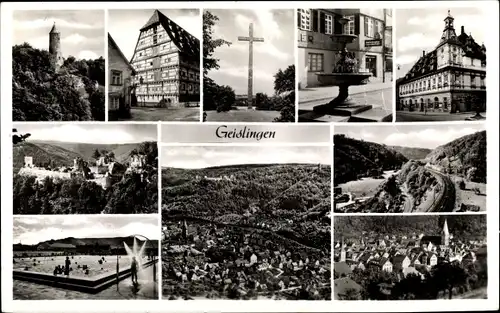 Ak Geislingen an der Steige, Panorama vom Ort, Kreuz, Burgruine, Freibad, Eisenbahnstrecke, Brunnen