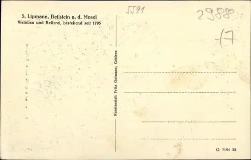 Ak Beilstein an der Mosel, Kirche und alte Häuser, Weinkellerei S. Lipmann