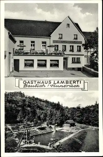 Ak Beulich im Hunsrück, Gasthaus Lamberti, Inh. Wilh. Lamberti, Schwimmbad