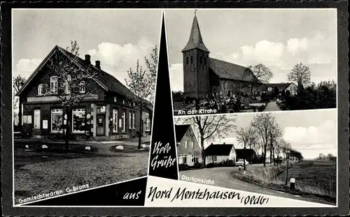Ak Nordmentzhausen Jade in der Wesermarsch, Kirche, Geschäft G. Bruns, Dorfansicht
