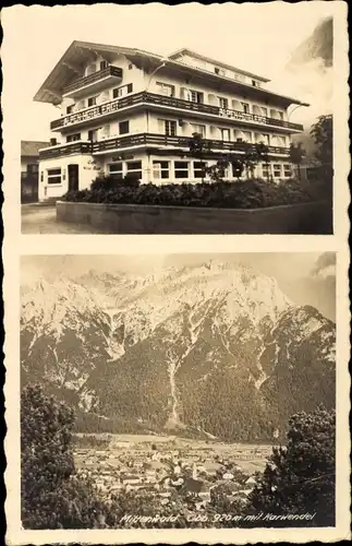 Ak Mittenwald in Oberbayern, Panorama vom Ort mit Karwendel, Alpenhotel Erdt, Gesamtansicht