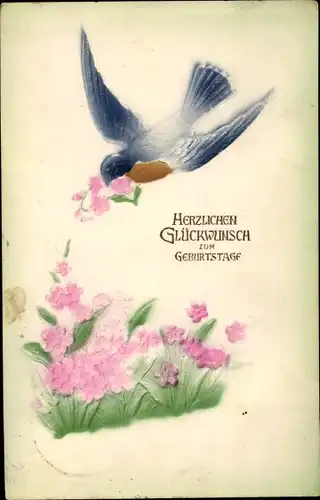 Präge Ak Glückwunsch Geburtstag, Vogel, Blumen