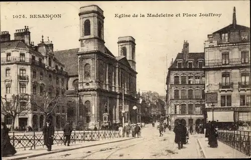 Ak Besançon Doubs, Église de la Madeleine et Place Jouffroy