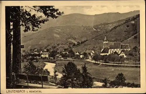Ak Lautenbach im Renchtal, Kirche, Bank, Blick auf Ortschaft und Umgebung