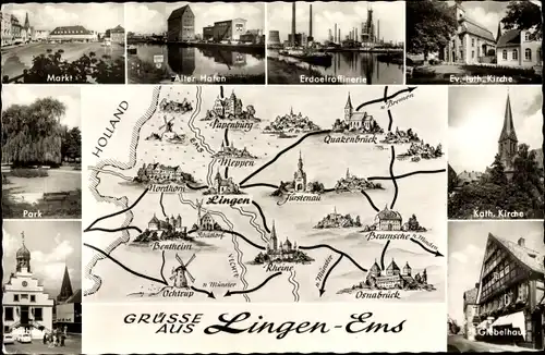 Ak Lingen im Emsland, Markt, Alter Hafen, Erdölraffinerie, Kirchen, Giebelhaus