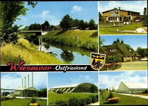 Ak Wiesmoor in Ostfriesland, Wappen, Uferpartie, Brücke, Minigolfanlage, Wohnhaus, Fabrik, Hallen