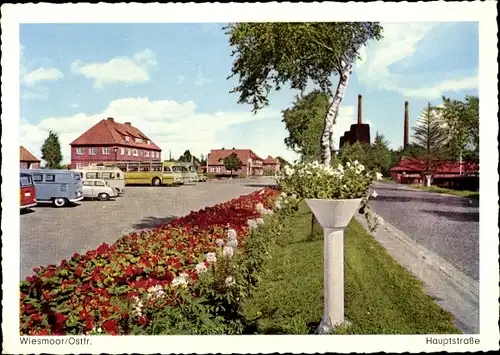 Ak Wiesmoor in Ostfriesland, Hauptstraße, Blumen, Wohnhäuser, VW Bulli, Reisebusse