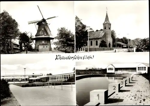 Ak Rhauderfehn Ostfriesland, Windmühle, Kirche, Schule, Freibad