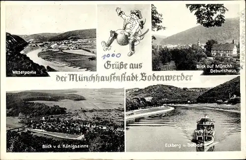 Ak Bodenwerder in Niedersachsen, Weserpartie, Blick auf Münchhausens Geburtshaus, Eckberg u. Solbad
