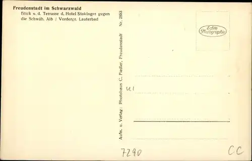 Ak Freudenstadt im Nordschwarzwald, Blick v. d. Terrasse d. Hotels Stokinger auf d. Schwäbische Alb