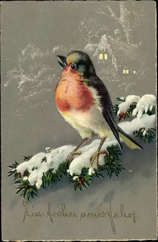 Ak Glückwunsch Neujahr, Vogel auf einem Tannenzweig