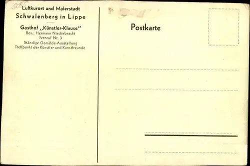 Ak Schieder Schwalenberg Nordrhein Westfalen, Gasthaus Künstler Klause, Inh. Hermann Niederbracht