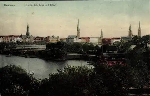 Ak Hamburg Altstadt, Lombardsbrücke mit Stadt, Alsterpartie