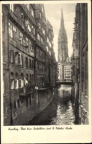 Ak Hamburg, Fleet beim Steckelhörn und St. Nikolaikirche