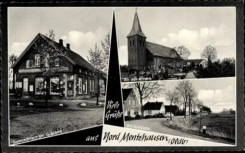 Ak Mentzhausen Jade Wesermarsch, Geschäft G. Bruns, Kirche, Dorfansicht