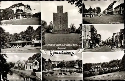 Ak Gevelsberg Ruhrgebiet, Ehrenmal, Sparkasse, Forsthaus, Freibad, Nirgenaplatz, Mittelstraße