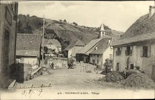 Ak Bourbach le Bas Niederburbach Elsass Haut Rhin, Village, Kirche und Wohnhäuser