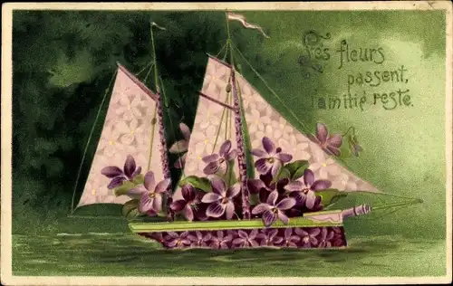 Präge Litho Segelboot aus Veilchen, Blumenbild, Amitié reste