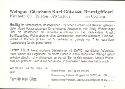 Ak Bruttig Mosel bei Cochem, Gästehaus Karl Götz, Kirchstr. 60, Weingut, Gartenpartie