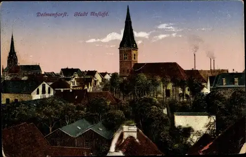 Ak Delmenhorst in Niedersachsen, Totalansicht, Blick auf die Kirche