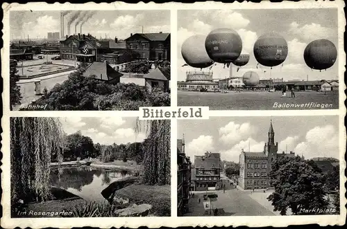 Ak Bitterfeld Sachsen Anhalt, Bahnhof, Ballonwettfliegen, Rosengarten, Marktplatz