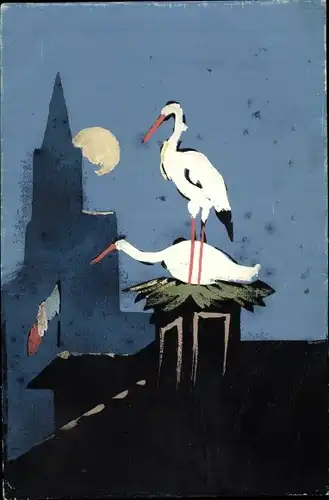 Künstler Ak Zwei Störche auf einem Schornstein, Nachtszene