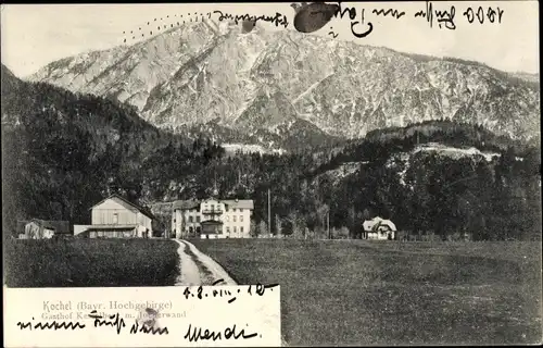 Ak Kochel am See in Oberbayern, Gasthof Kesselberg mit Jocherwand