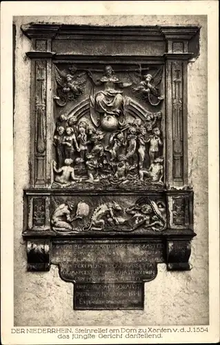 Ak Xanten am Niederrhein, Steinrelief am Dom,das jüngste Gericht darstellend