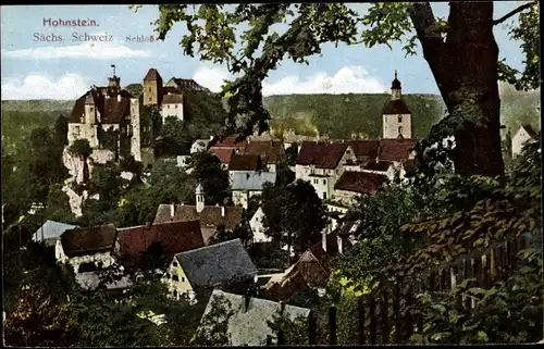 Ak Hohnstein der Sächsischen Schweiz, Schloss und Stadtpanorama, Kirche