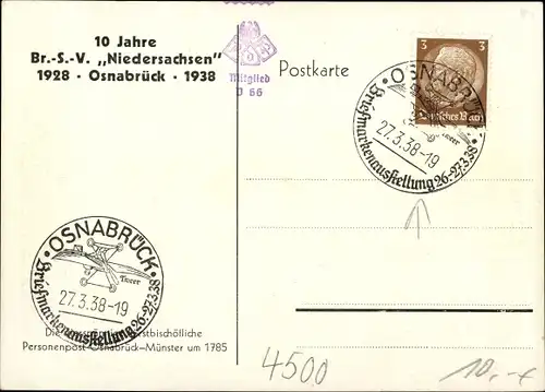 Künstler Ak Osnabrück in Niedersachsen, 10 Jahre Br.S.V. Niedersachsen 1938, Briefmarkenausstellung