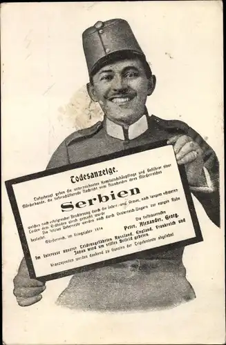 Ak Kuk Soldat, Todesanzeige für Serbien, Propaganda, I. WK