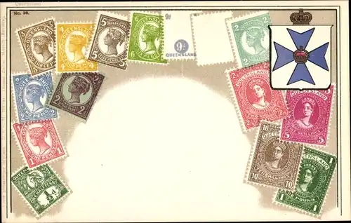 Briefmarken Litho Queensland Australien, Wappen, State Badge, Pence, Shillings, Pound