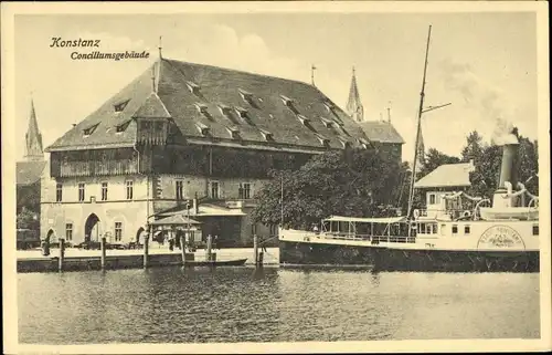 Ak Konstanz am Bodensee, Konziliumsgebäude, Dampfer, Außenansicht