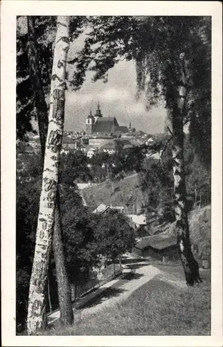 Ak Jihlava Iglau Region Hochland, Fernblick zum Ort, Kirche, Birken