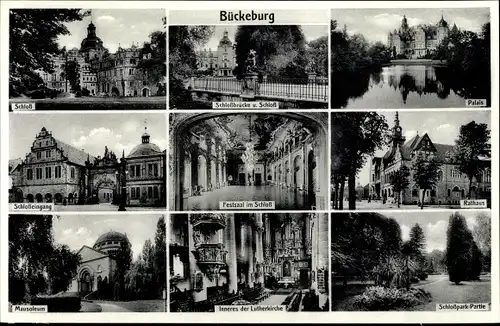 Ak Bückeburg in Schaumburg, Schloss, Festsaal, Palais, Mausoleum, Stadtkirche, Lutherkirche